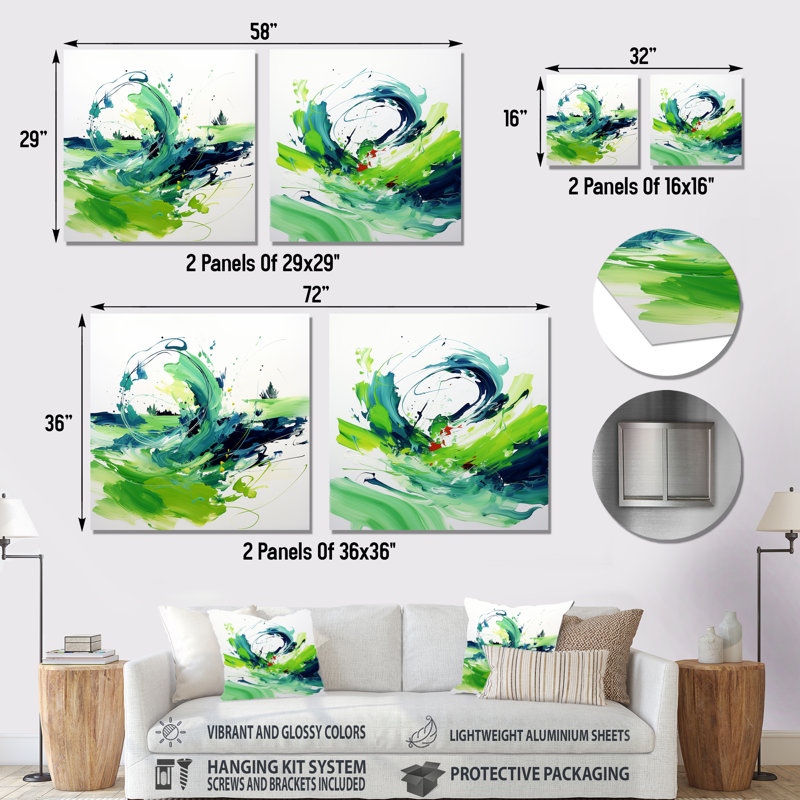 «White and Green Abstract Ink Expression I», ensemble de 2 reproductions d'art sur toile, H 36 po x l 72 po