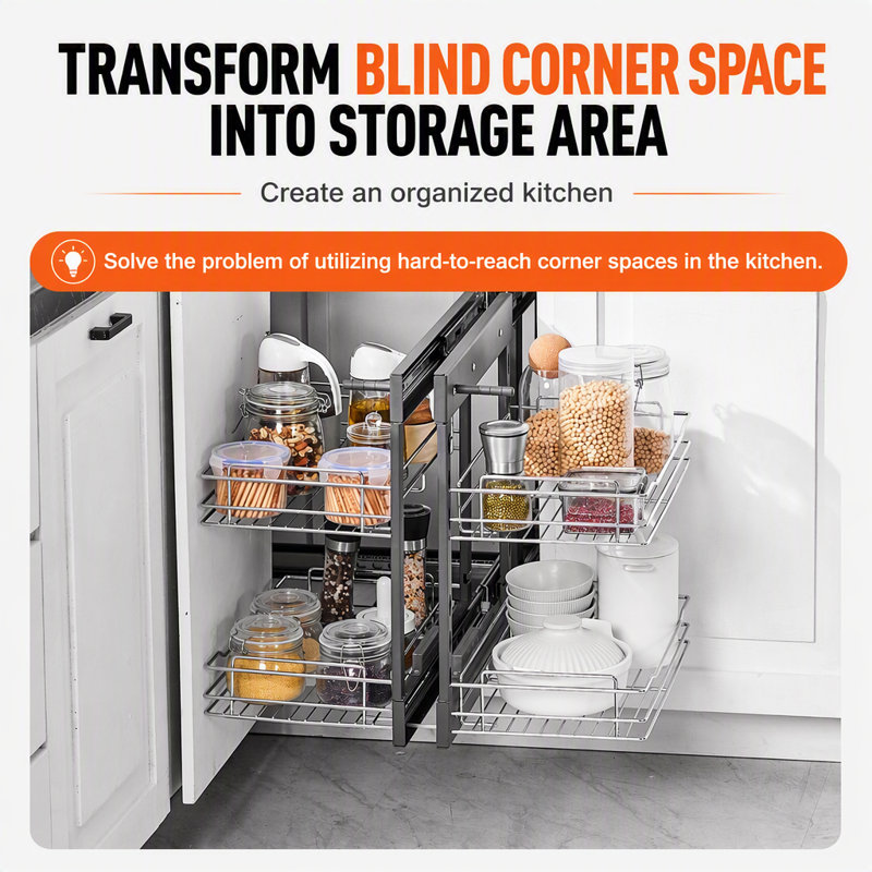 2 Tier 4 Shelf Blind Corner Pull Out Organizer Chrome Kitchen Cabinet Basket