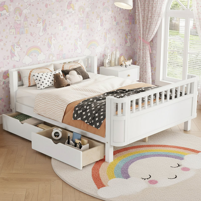 Full Size Wood Platform Bed For Kids, Wood Low Profile Full Bed With Rails For Girls And Boys, White, Full, White