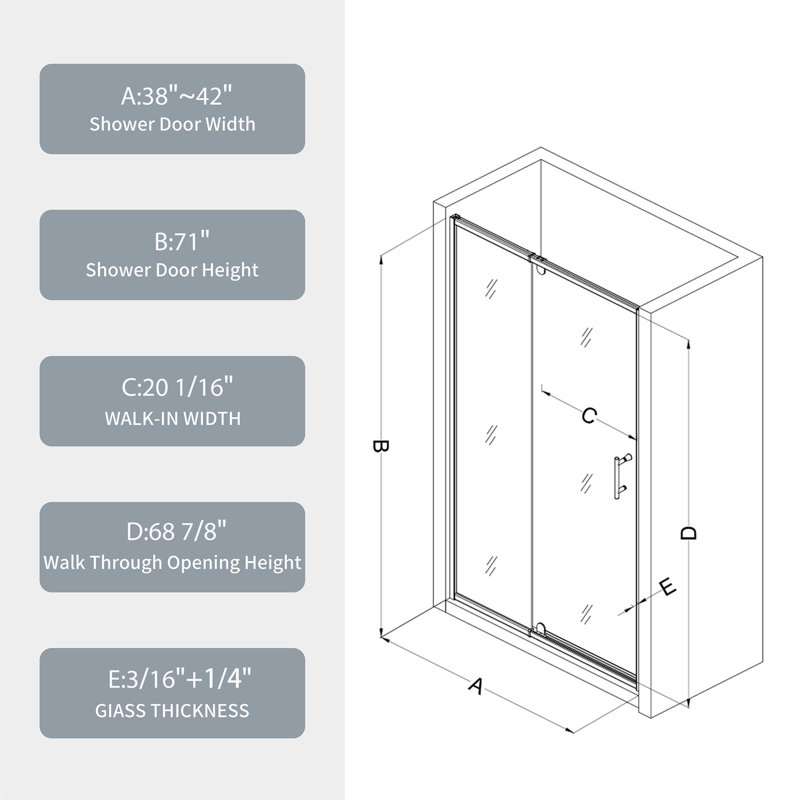 38-42" W X 71" H Piovt Swing Glass Shower Door,Pivot Frame Sliding Shower Door With 1/4"(6Mm) Clear SGCC Tempered Glass Finish Shower Doors,Reversible Installation