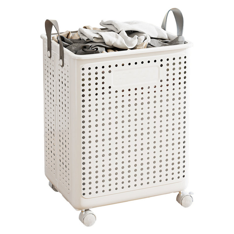 Laundry Basket with Wheels, Rolling Foldable Laundry Hamper Cart with Handle, White L