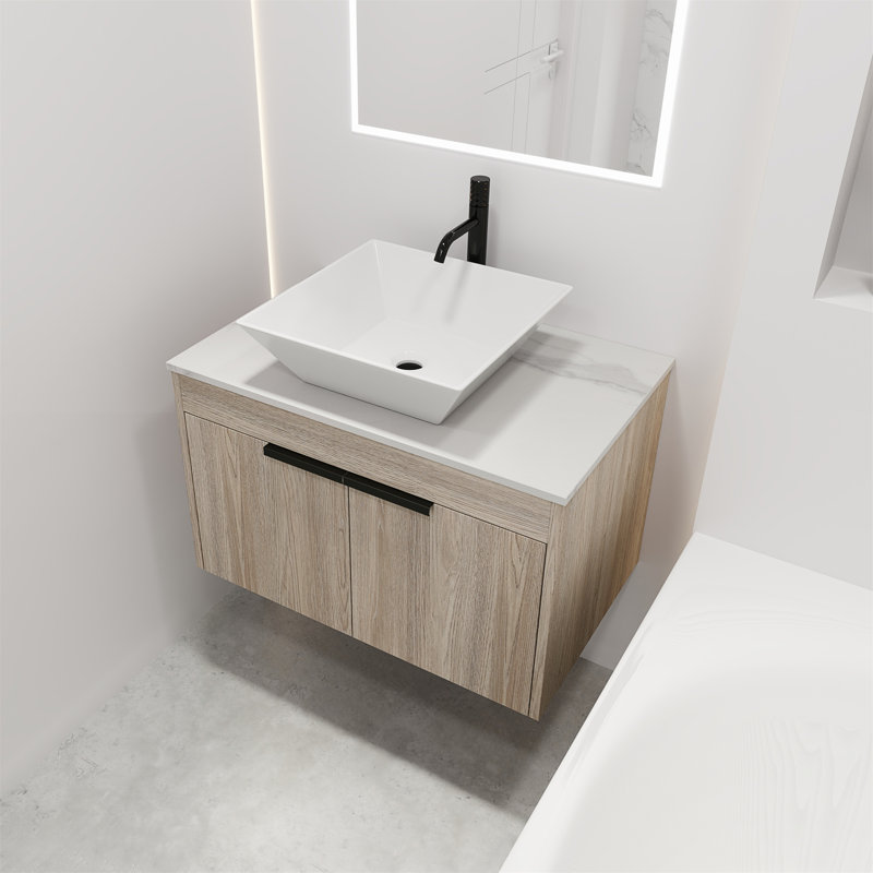 Meuble-lavabo mural simple 29,5 po avec plateau en pierre frittée, armoire de salle de bain