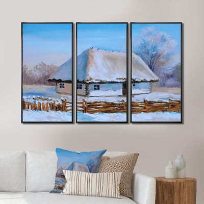 Traditional Winter Cottage Couvert de neige I - ensemble d'art mural sur toile encadré traditionnel de 3
