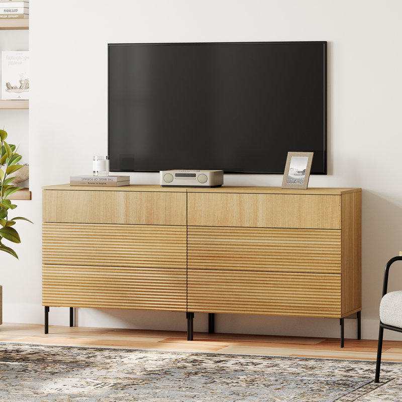 Meuble télé 6 tiroirs Union Rustic Modern, meuble télé Reeded, Chêne