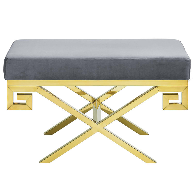 Gray Velvet Upholstered Bench with Gold Stainless Steel Base
