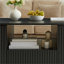 Table basse ovale avec tiroirs, panneau de fibres à densité moyenne noir élégant, contour arrondi pour le salon