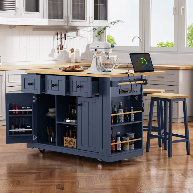 Îlot de cuisine de 135 cm (53 pouces) avec 2 tabourets de bar, prise électrique, tablette de rangement intérieure de porte, chariot de rangement de cuisine sur 5 roues avec abattant, 5 étagères latérales ouvertes, 3 tiroirs, bleu marine (trois colis)