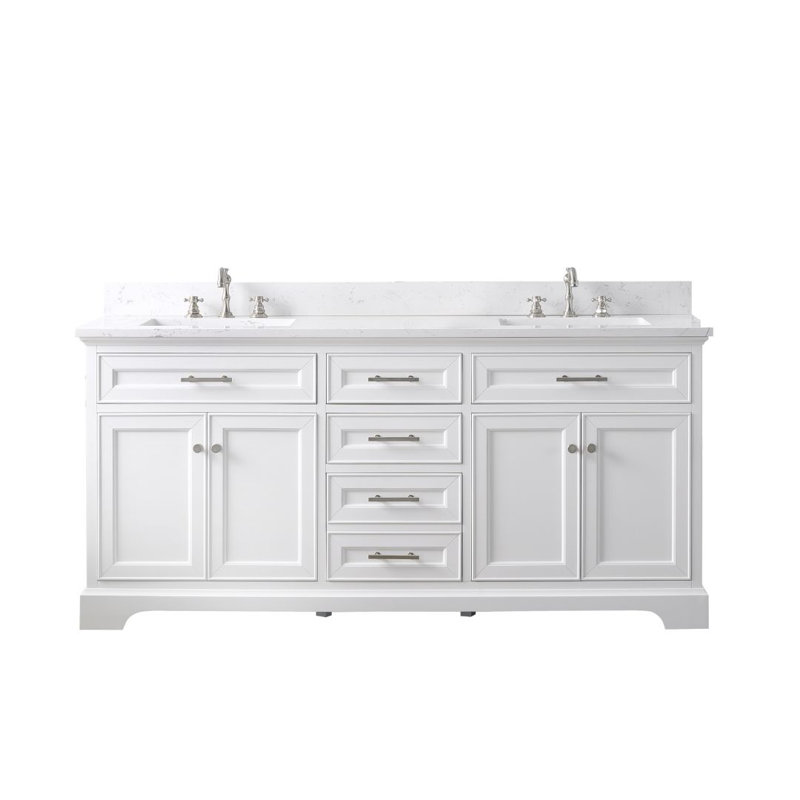 Meuble-lavabo double avec plateau en pierre artificielle Currahee, Blanc / nickel brossé