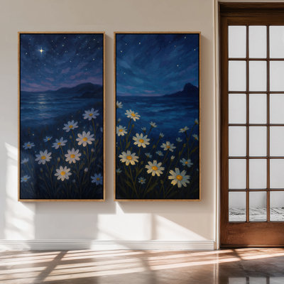 Large Framed Canvas Wall Art Set - Starry Night Ocean Flower Dreamy Seaside Prints - 60"x20"x2pc
