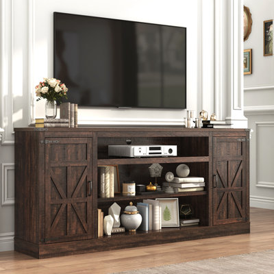 75" Farmhouse Tv Stand With Power Outlets For 75 80 85 Inch Tv, Large Tv Media Console With Storage Cabinets & Adjustable Shelves