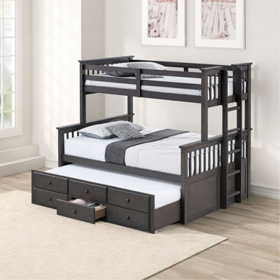 Lit simple superposé au dessus d'un lit double transitionnel avec lit gigogne à 3 tiroirs, mélange de gris, bois massif conçu pour le confort de la chambre à coucher