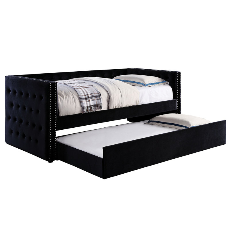 Transitional Style Daybed With Trundle Padded Button Tufted Upholstery Nailhead Trim Included Slat Kit Tuxedo Design Black Finish