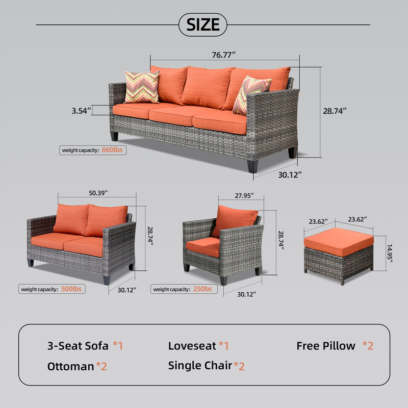 Premium All-Weather Wicker 7 - Person Patio Conversation Set with Cushions, Orange Red