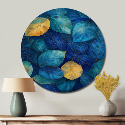 «Blue Leaves Forest Calm Scery», reproduction d'art en métal doré traditionnel, feuilles rondes, art mural en métal