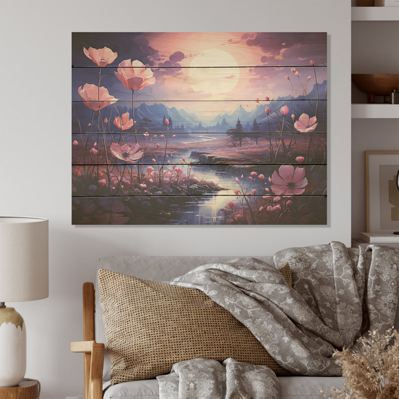 Charmant coucher de soleil magique pré de fleurs - Art mural en bois sur bois de pin naturel, H 10 po x l 20 po