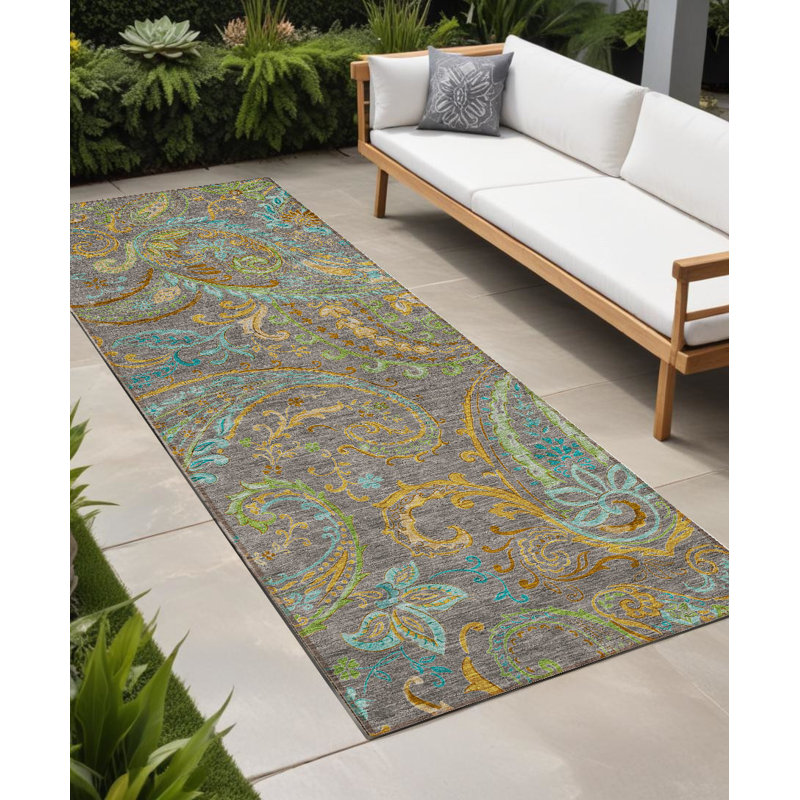 8' Runner Taupe Paisley Washable Non Skid Indoor Outdoor Runner Rug