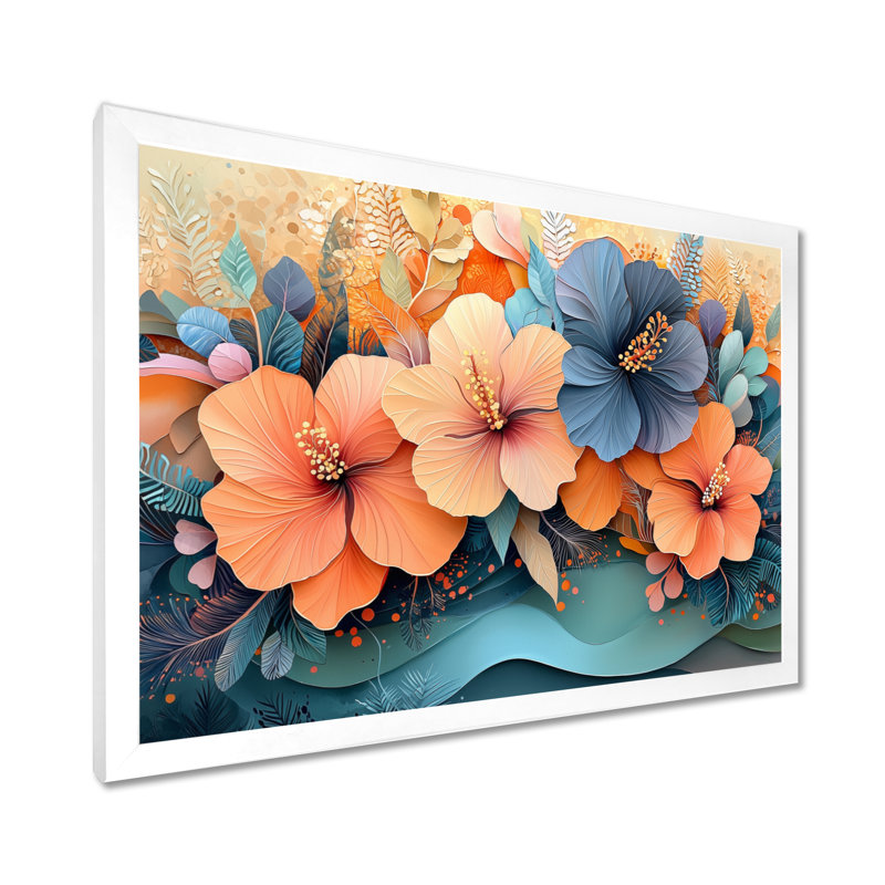 Hibisuc tropical dans une symphonie côtière II - Hibiscus, art mural, H 24 po x l 32 po, Cadre flottant, Blanc
