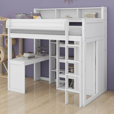 Lit mezzanine simple avec garde-robe, bureau et tablettes de rangement multiples, structure de lit mezzanine en bois massif avec bibliothèque, pour enfants, adolescents, adultes