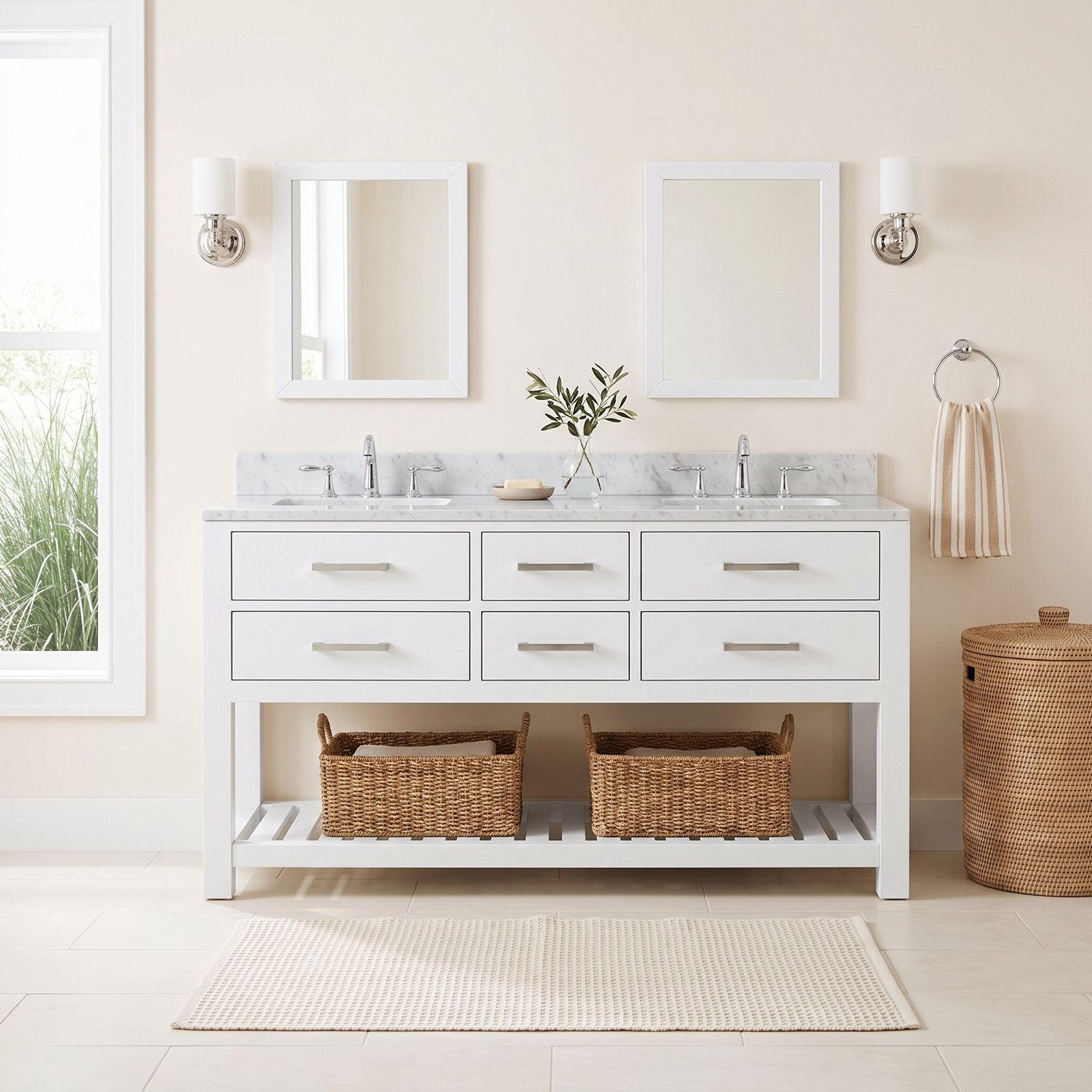 60" Pine Double Bathroom Vanity, Pure White, 34" H x 60" W x 21.5"D