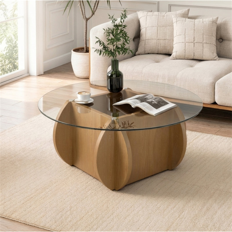 Modern Round Glass Coffee Table, Natural