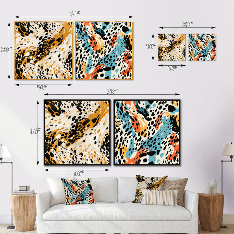 Wild Cheetah Print - multicolore, ensemble de 2 collages abstraits carrés, Cadre flottant noir, H 36 po x l 73 po