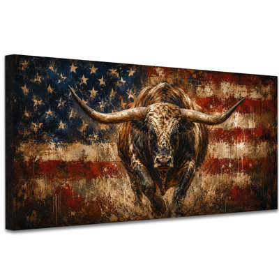 Très grand art mural de taureau longhorn, peinture de bœuf de drapeau américain, reproduction d'art sur toile, vache des Highlands rétro, photos de style campagnard rustique occidental, prêt à être suspendu pour le salon, bureau de ranch, 20 x 40 pouces