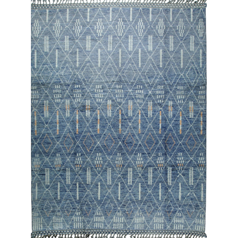 8x11 Blue Hand-Knotted Wool Diamond Lattice Stripes Tribal Modern Contemporary Carpet Rug
