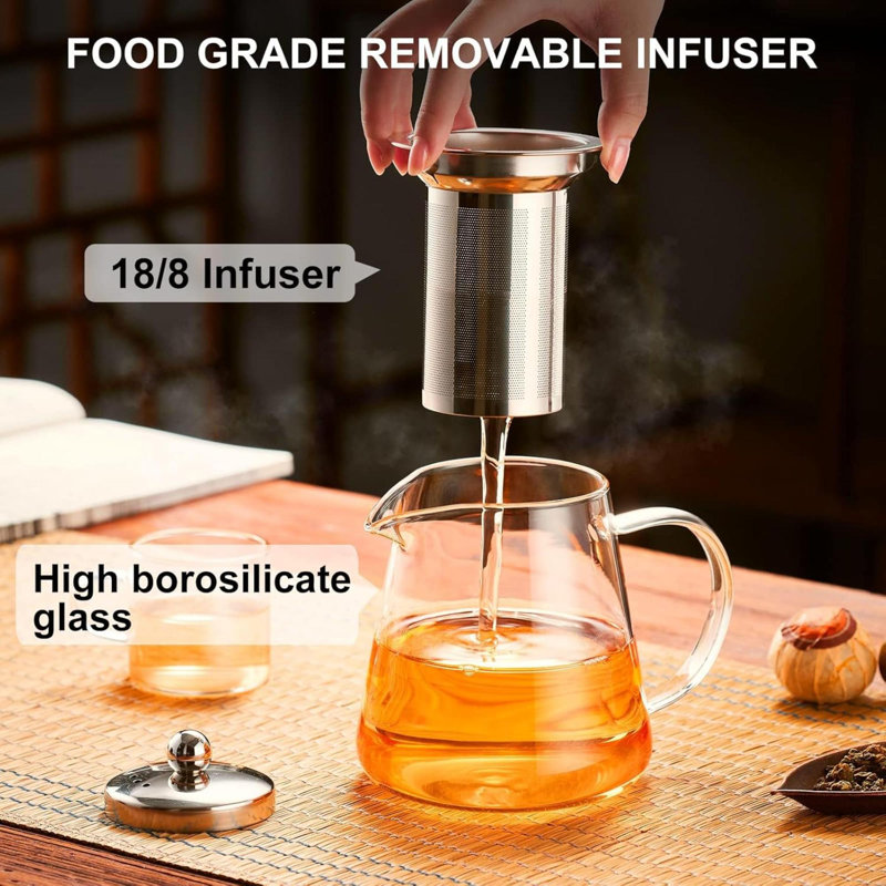 Théière en verre avec plaque de cuisson en verre borosilicaté transparent et infuseur amovible en acier inoxydable 18/8