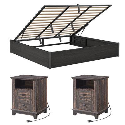 Ensemble de chambre à coucher de ferme 3 pièces avec cadre de lit très grand et 2 tables de chevet, noir