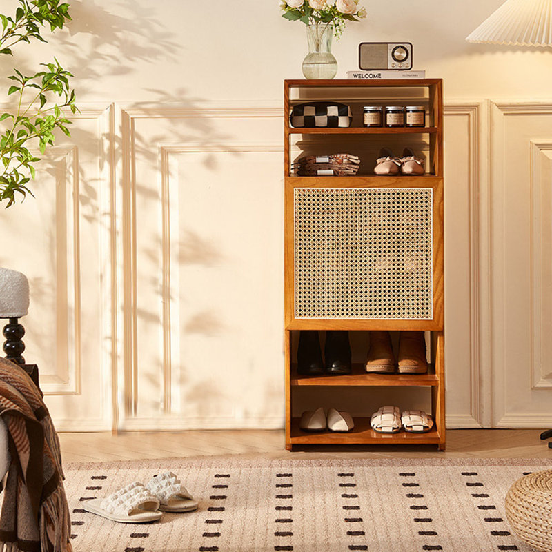 Étagère de rangement semi-ouverte en bois de rotin avec rangement pour 14 paires de chaussures