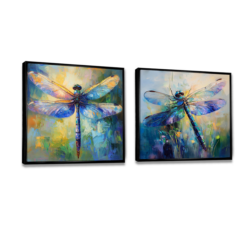 "Blue Blue Dragonfly's Iridescent Wings I", art mural libellule - ensemble d'art mural moderne 2 pièces, H 36 po x l 73 po