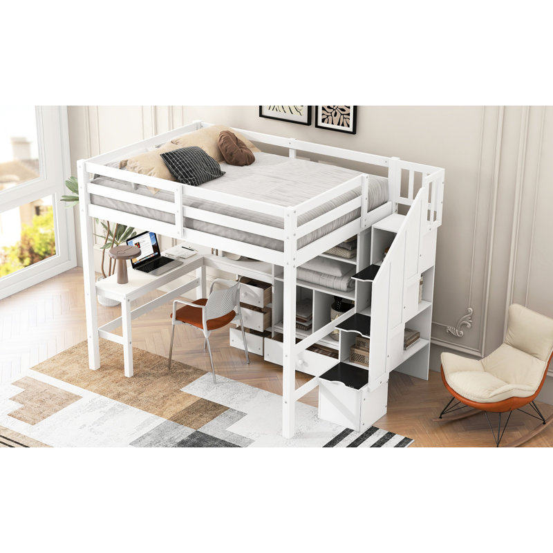 Lit mezzanine double blanc avec bureau en forme de L, tiroirs multifonctionnels, armoire et escalier de rangement avec décoration pratique et peu encombrante