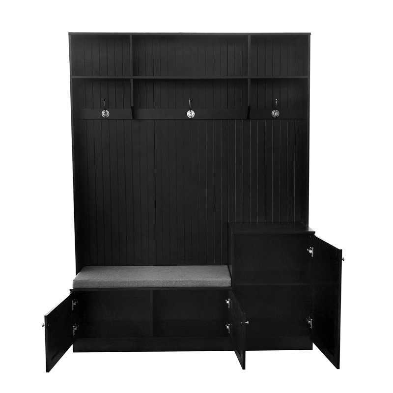 Portemanteau moderne 70 po avec banc rembourré, armoire à chaussures et porte-manteaux ON-TREND, organisateur de vestibule avec 2 armoires et 3 tablettes, noir / blanc