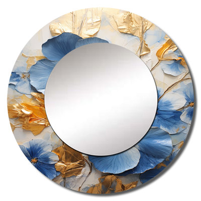 Sharanda Blue And Gold Minimalism Pansy Radiance Bouquet III - Pansies Wall Mirror, Traditional Round Decorative Mirror, Printed Metal Art