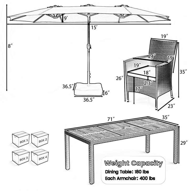 10 Pcs Patio Dining Table Chair Set With Umbrella, Beige, Brown