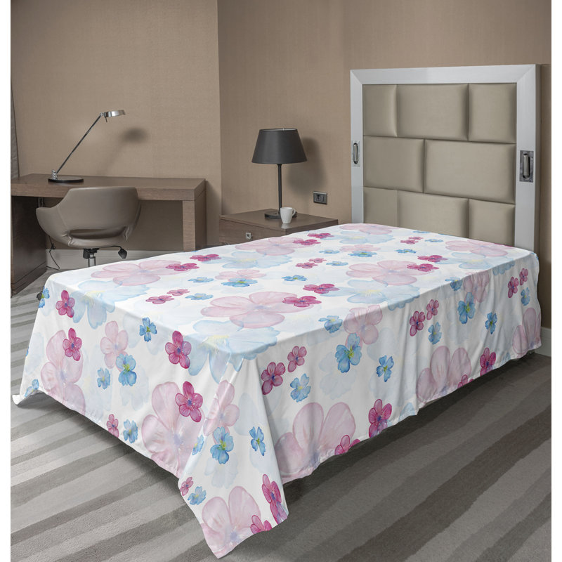 Drap plat Ambesonne Spring aquarelle fleurs bleu ciel et rose pâle