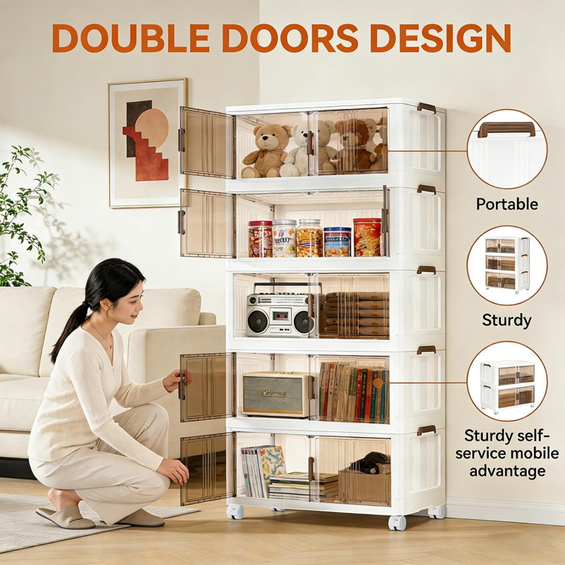 5 Tier Plastic Storage Bins Stackable Storage Containers with Wheels & Magnetic Doors