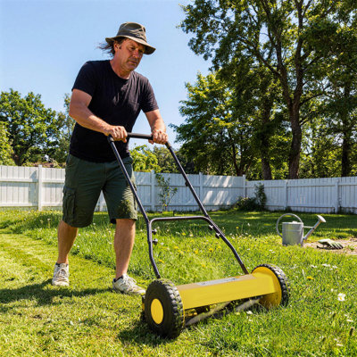 14" Manual Push Lawn Mower – Lightweight Hand Push Reel Mower Without Grass Catcher, Eco-Friendly Walk-Behind Mower for Small Yards, Gardens & Patios, Yellow