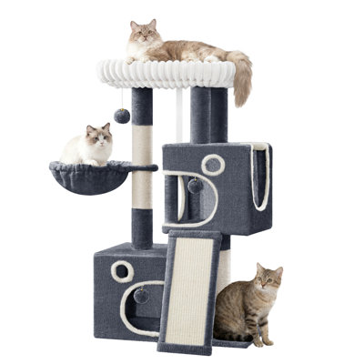 98cm Cat Tree, Cat Tower for Indoor Cats, Multi-Level Cats House Furniture with Scratching Post, 2 Caves, Large Platform, Scratching Ramp, Pompom