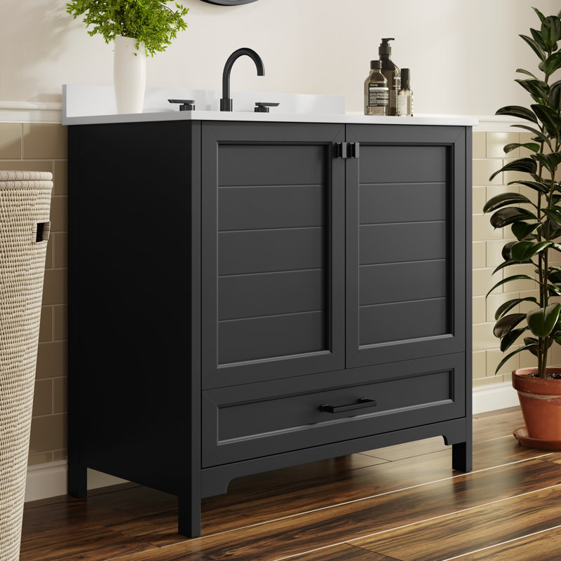 Meuble-lavabo de salle de bain avec lavabo encastré, armoire et tiroir, Noir, Noir mat