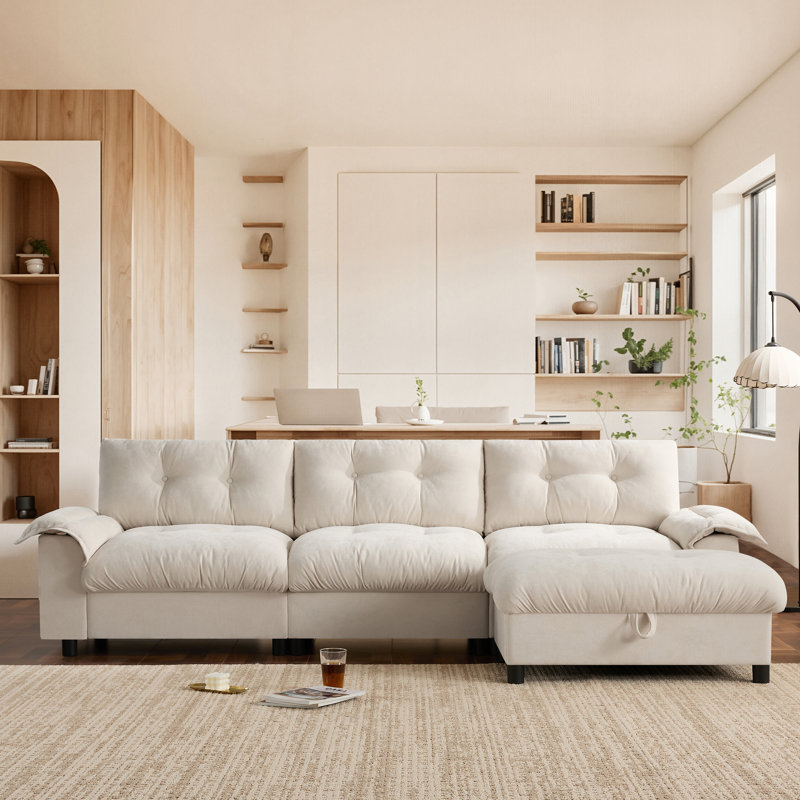 Malaquas L-Shape Chenille Sectional Sofa with Storage Ottoman & Charging Ports, Beige Chenille