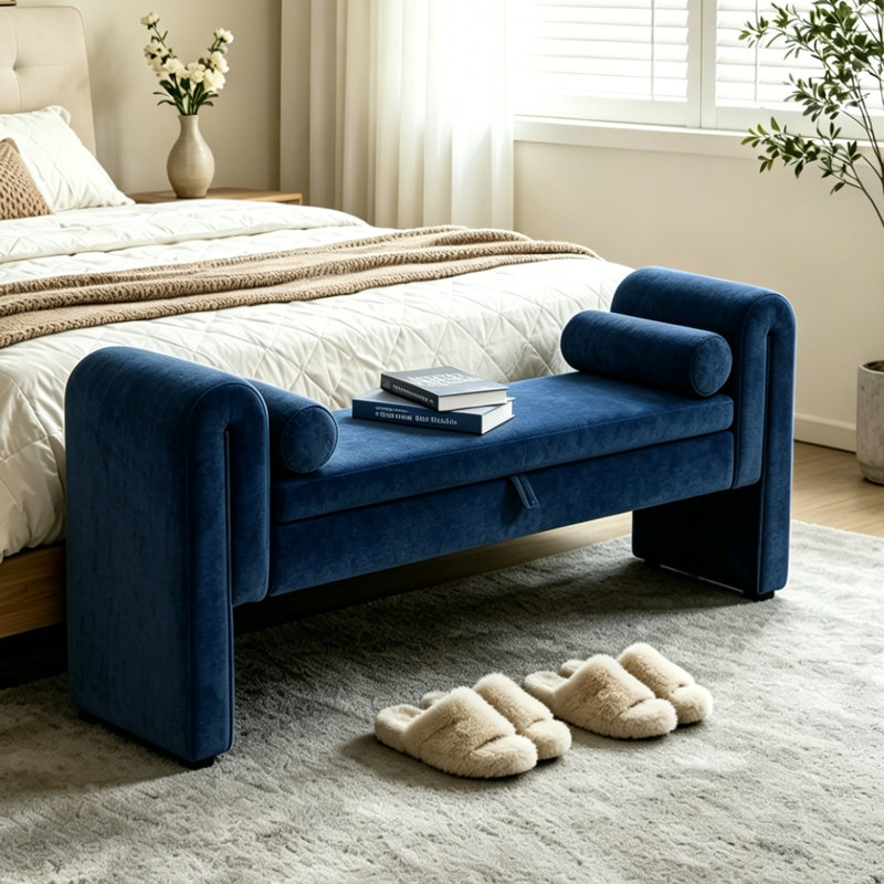 Velvet Bench for Bedroom End of Bed, 60.5- inch Upholstered Button Tufted Ottoman Bench with Rolled Arms, Button-Tufted Ottoman for Living Room, Entryway