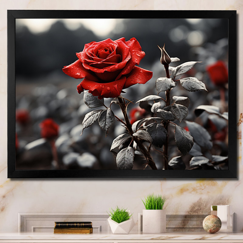 «Red Rose Over Greyscale», reproduction d'art sur toile, Cadre simple noir, H 12 po x l 20 po x P 1 po