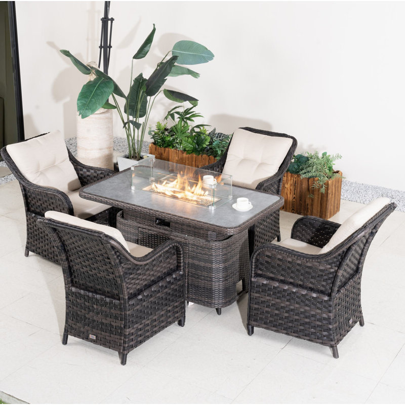 4-Person Wicker Patio Dining Set With Rectangular Table, Cushions Included