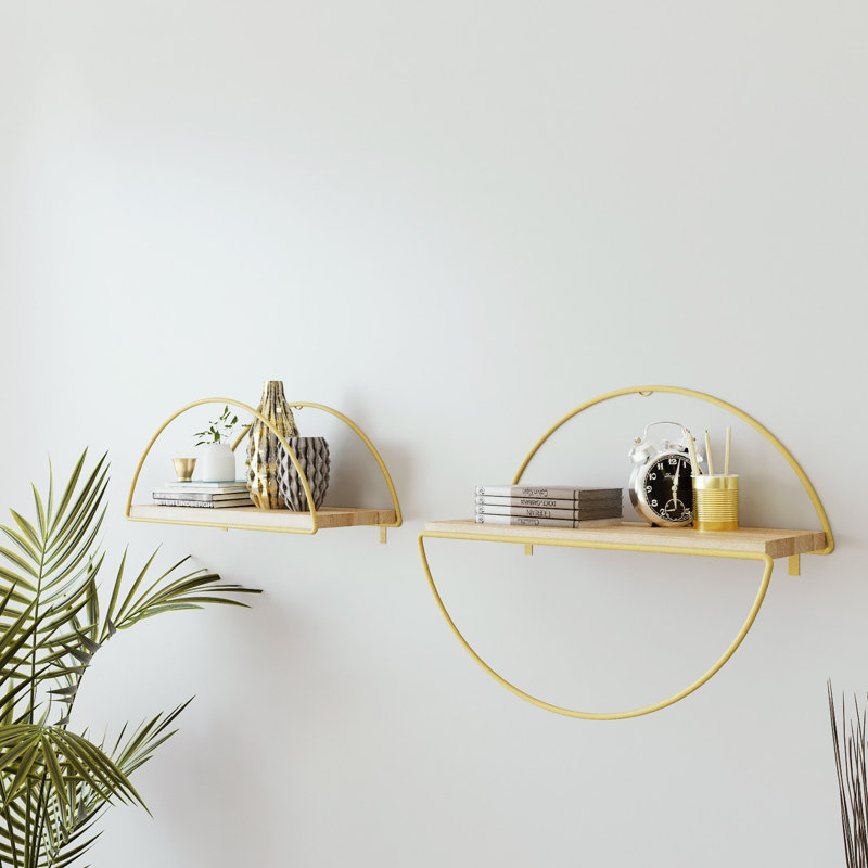 Ensemble de tablettes murales élégantes Colesen (2 pièces), finition or et chêne, 11,8 x 17,7 x 5,9 pouces | 100% panneau de particules enduit de mélamine, pieds en métal thermolaqué électrostatique durable | Solution de rangement élégante pour la décoration intérieure