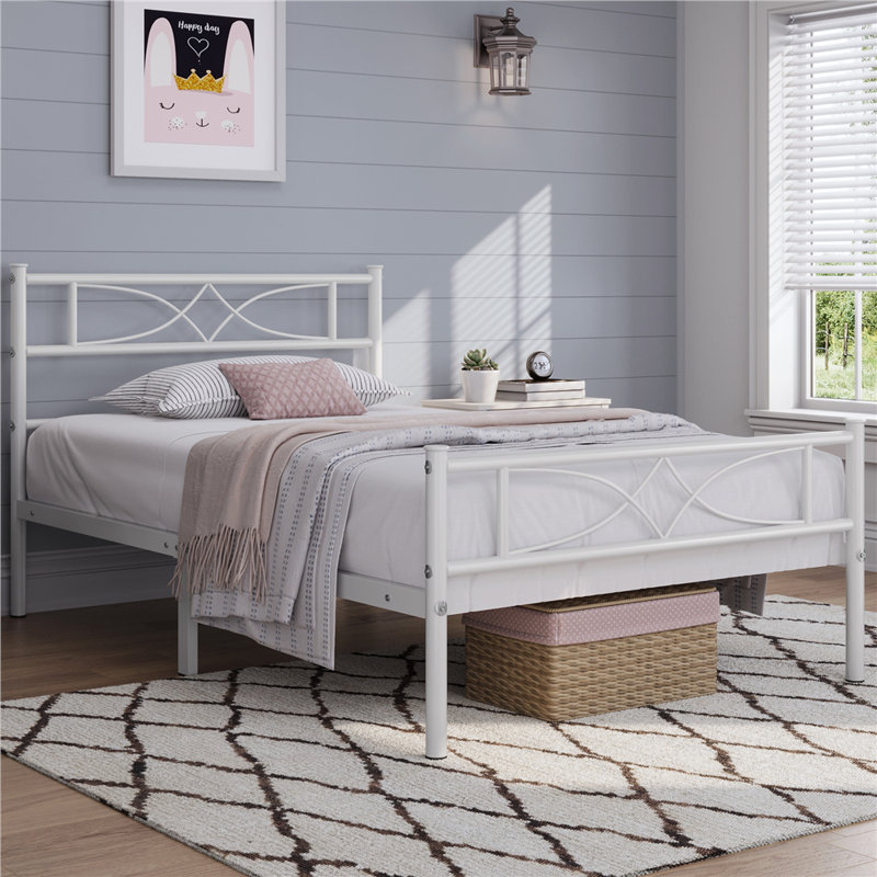 Simple Metal Bed Frame with Curved Design Headboard and Footboard, White, Single (3')