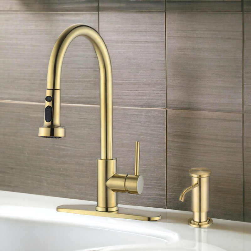 KISRAIS Pull Down Kitchen Faucet with and with Soap Dispenser, Brushed Gold
