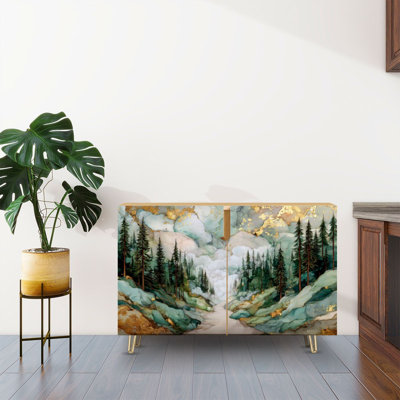Sideboard Buffet Cabinet with Storage Misty Evergreen Pines with 2 Doors for Living Room and Kitchen