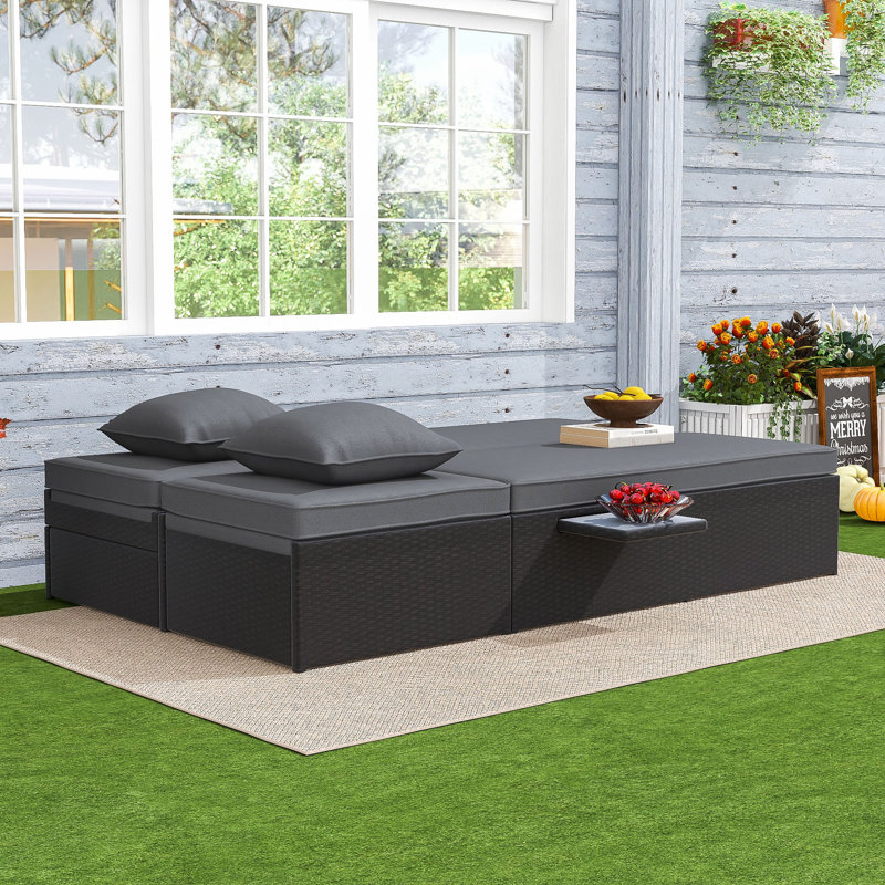 All-Weather PE Rattan Reclining Double Chaise with Adjustable Backrests and Practical Cup Trays, Gray
