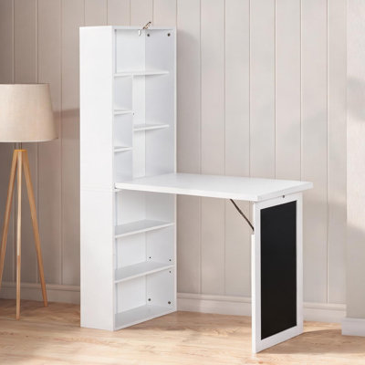Floating Wall-Mounted Convertible Desk with Fold-Out Tabletop, Blackboard, and Storage Shelf in Soft White